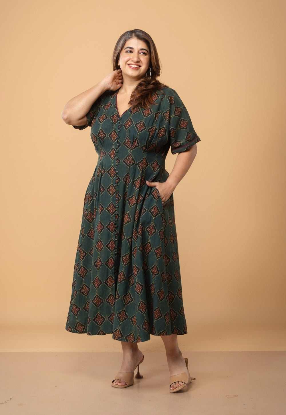 Reema Green Dabu Slub Cotton A Line Dress