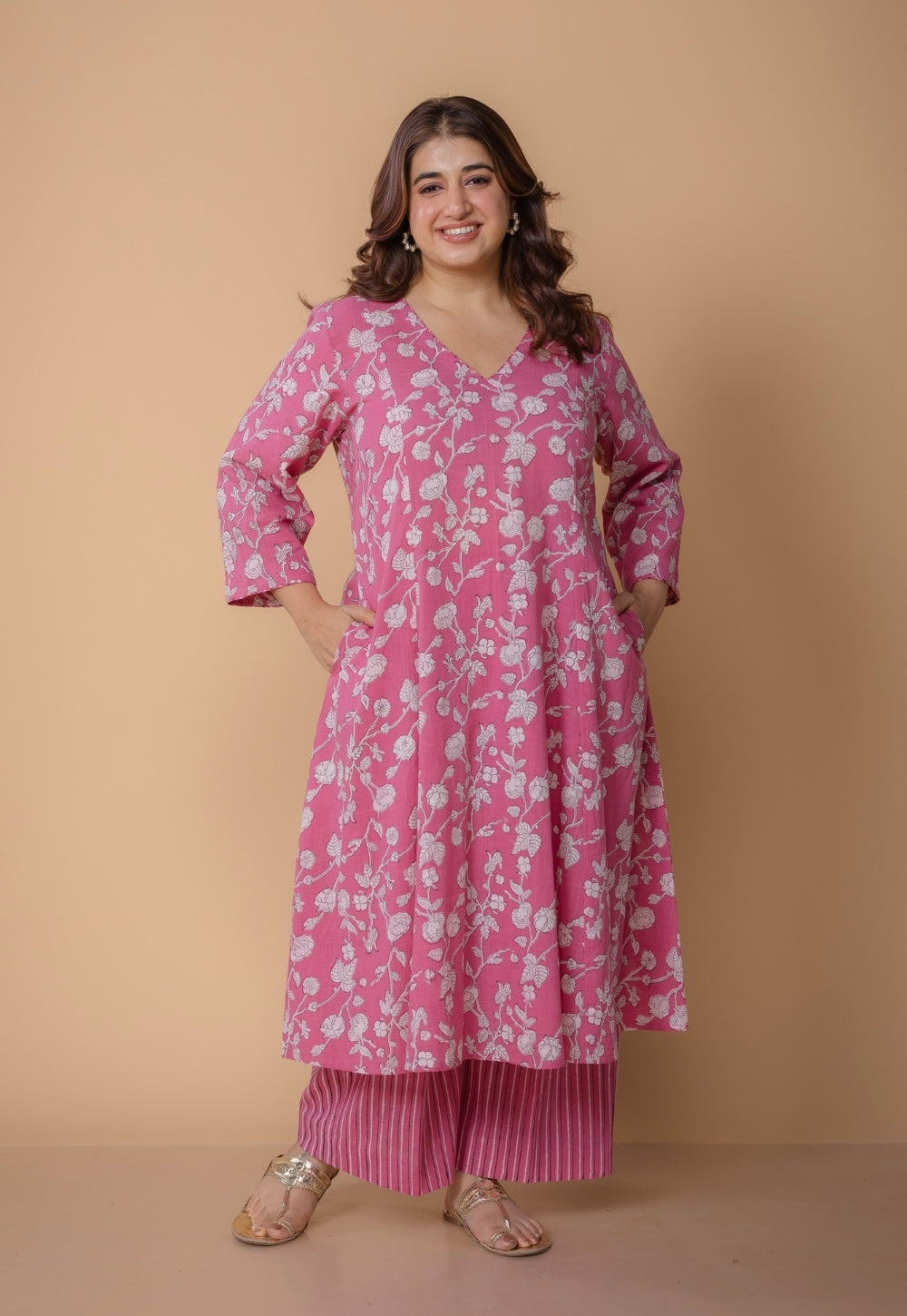 Karisma Pink Dabu Slub Cotton Kali Kurta