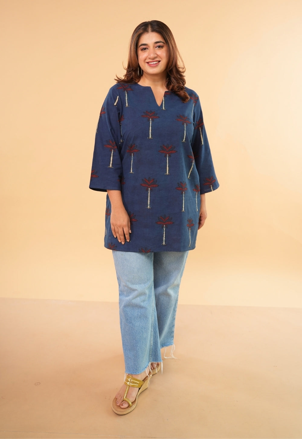 Mishel Blue Ajrakh Cotton Straight Short Top