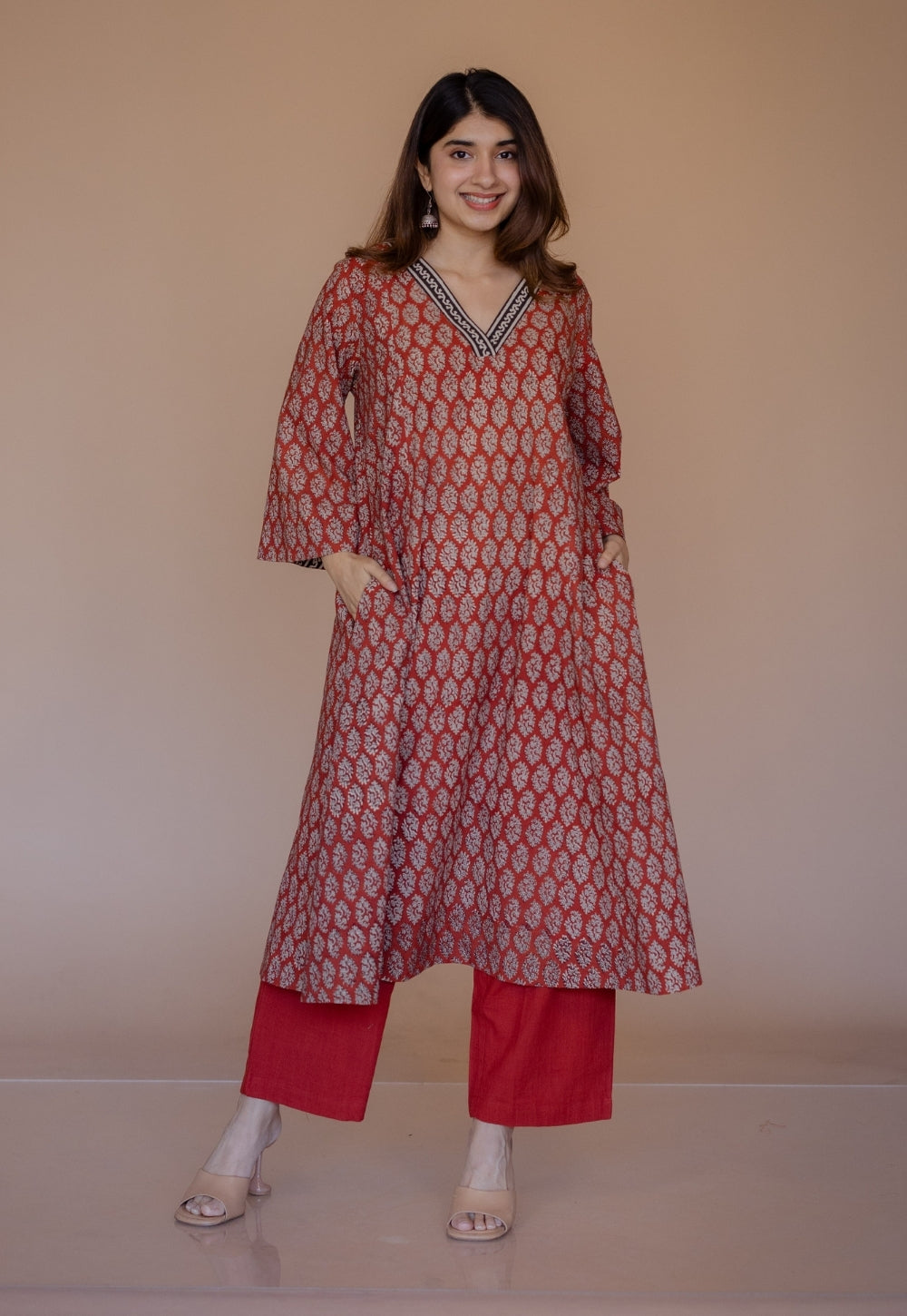 Sarah Red Bagru Cotton Kali Suit Set (Set of 3)