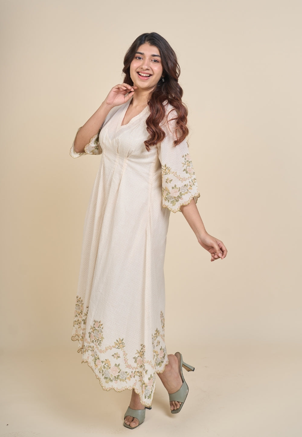 Zia White Sanganeri Mul Cotton A Line Dress