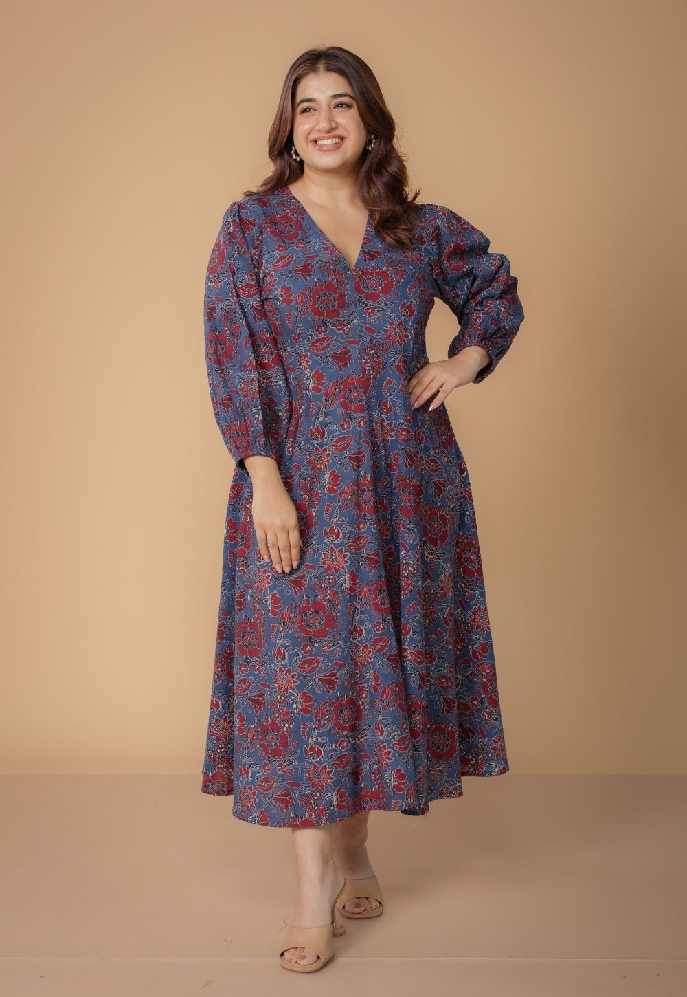 Eyza Blue Dabu Slub Cotton A Line Dress