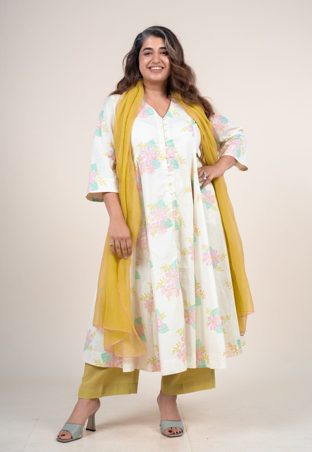Raaya Off White Printed Cotton Kali Kurta