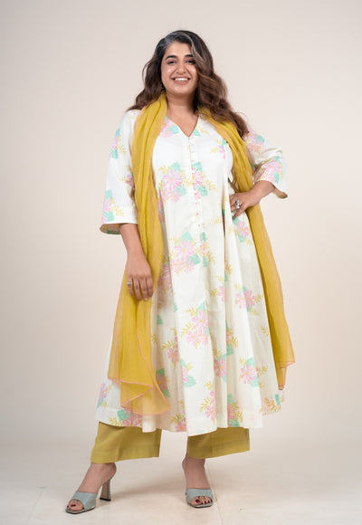 Raaya Off White Printed Cotton Kali Kurta