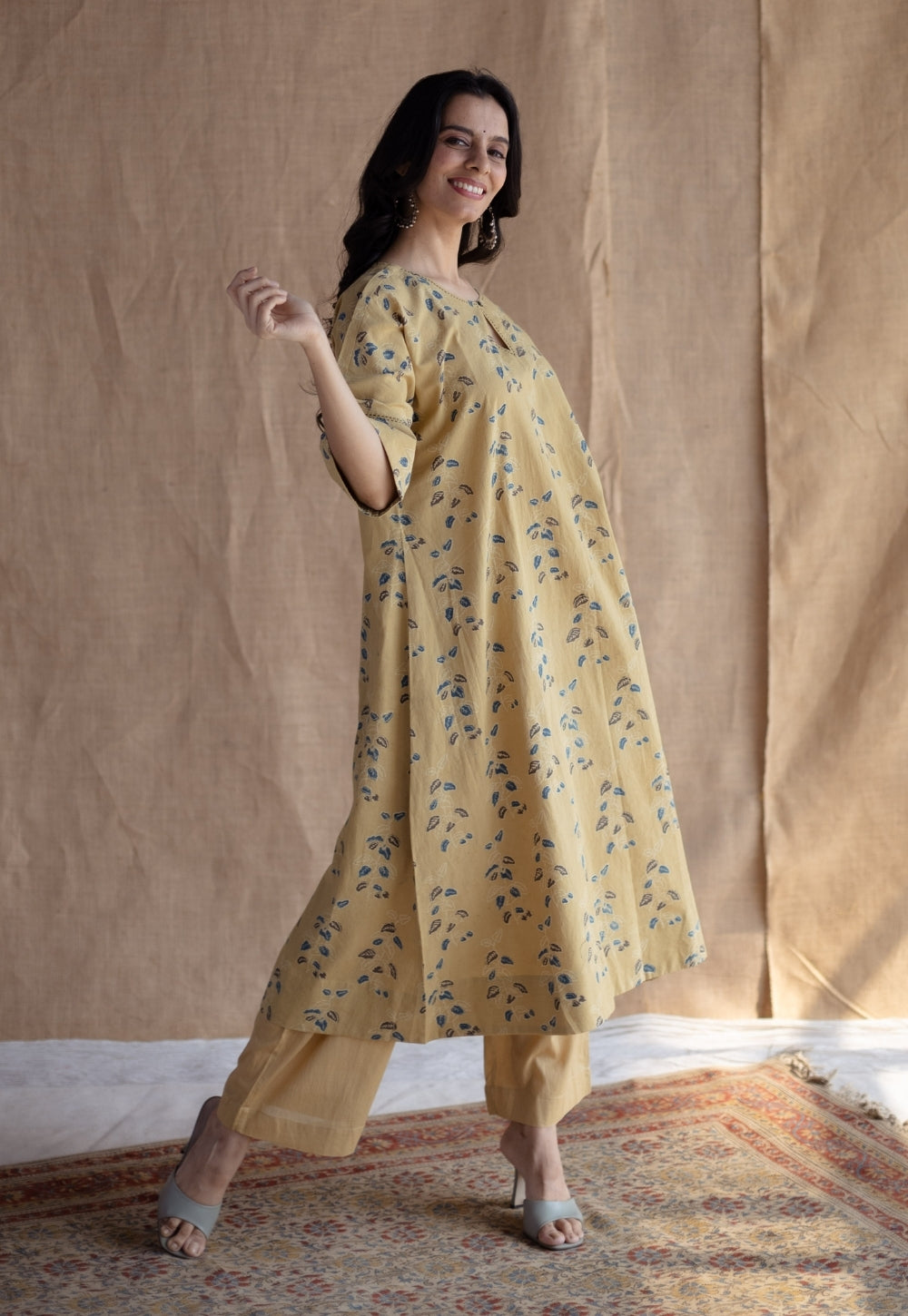 Anu Yellow Ajrakh Cotton A Line Kurta Set (Set of 2)