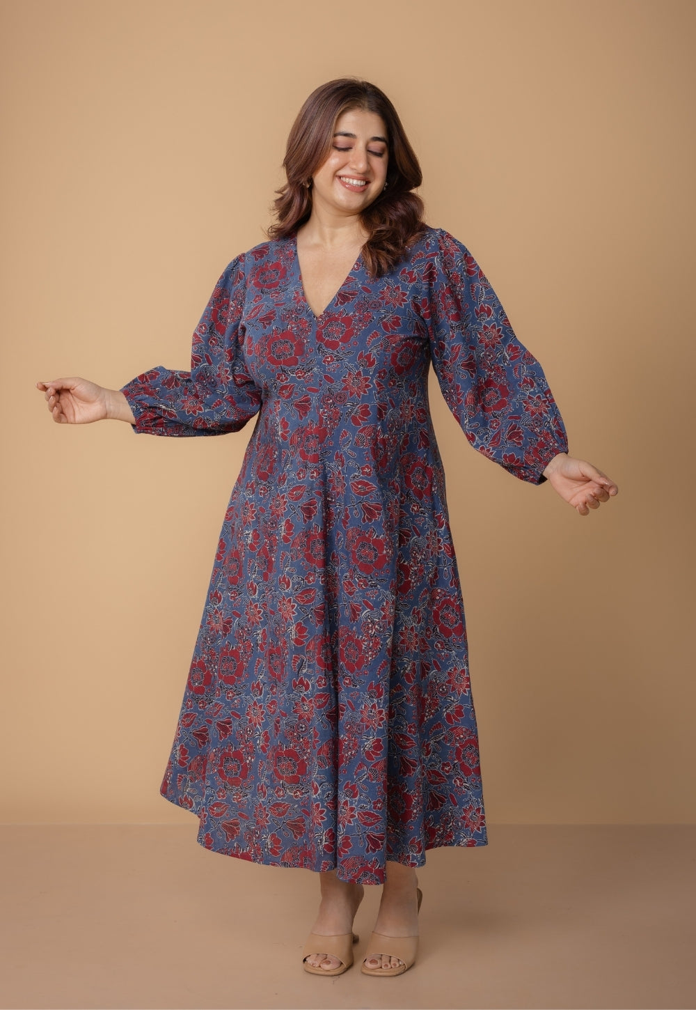 Eyza Blue Dabu Slub Cotton A Line Dress