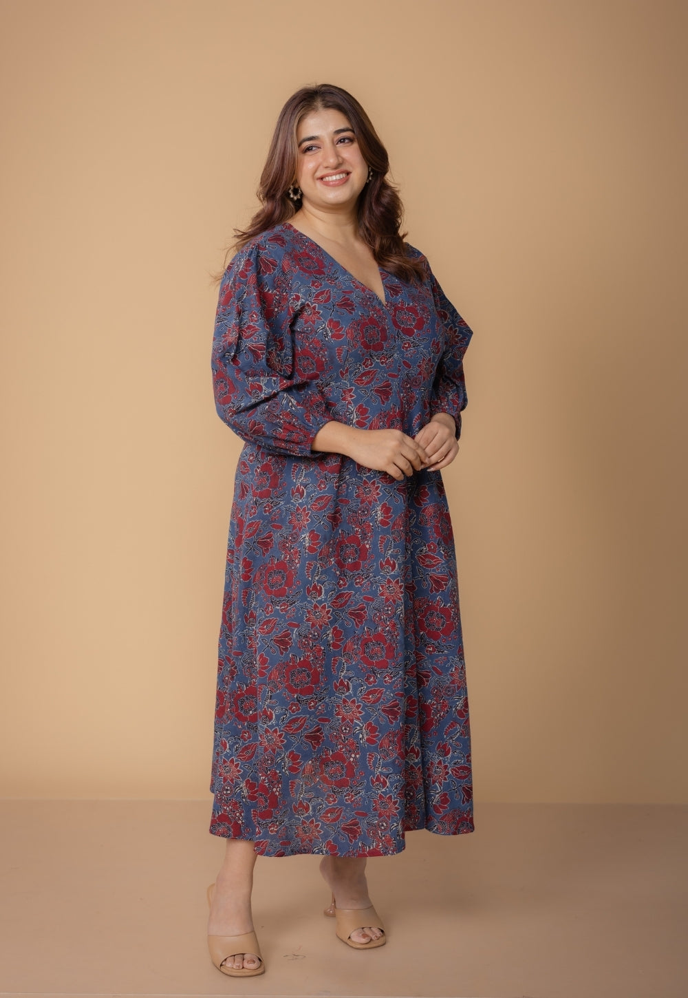 Eyza Blue Dabu Slub Cotton A Line Dress