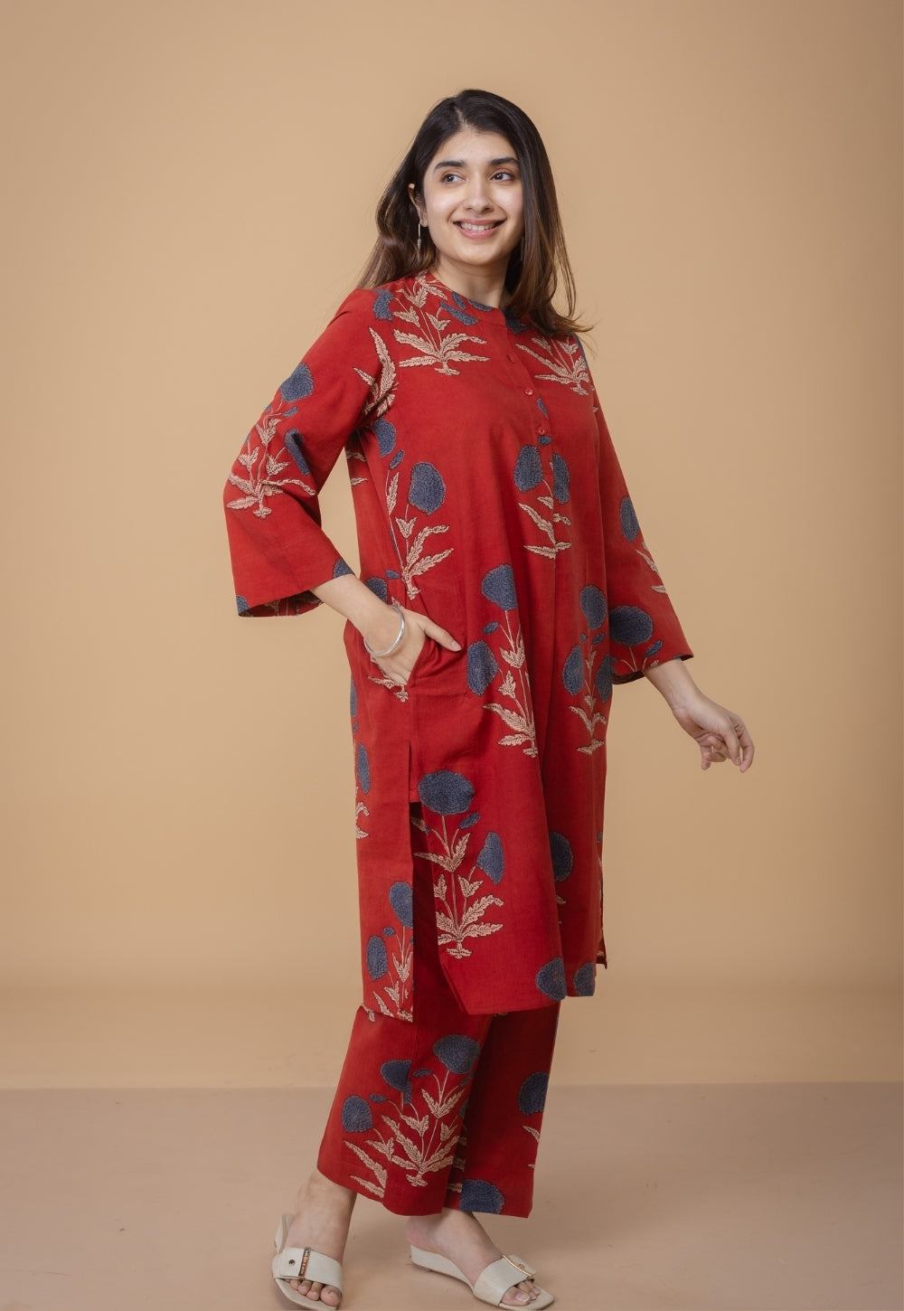 Sofia Red Ajrakh Cotton Straight Co-Ord Set