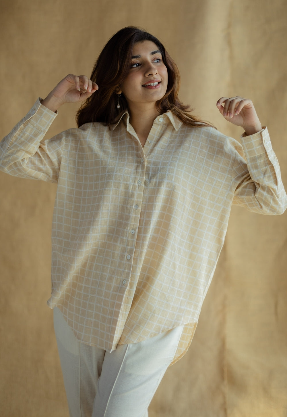Ruhi Cream Hand Block Print Slub Cotton Anti-Fit Shirt