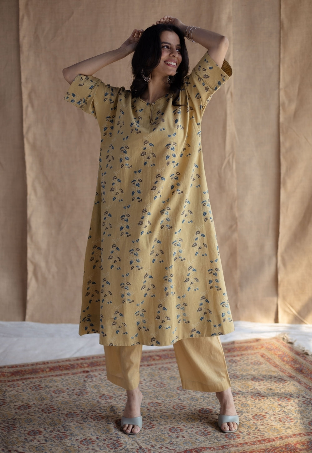 Anu Yellow Ajrakh Cotton A Line Kurta Set (Set of 2)