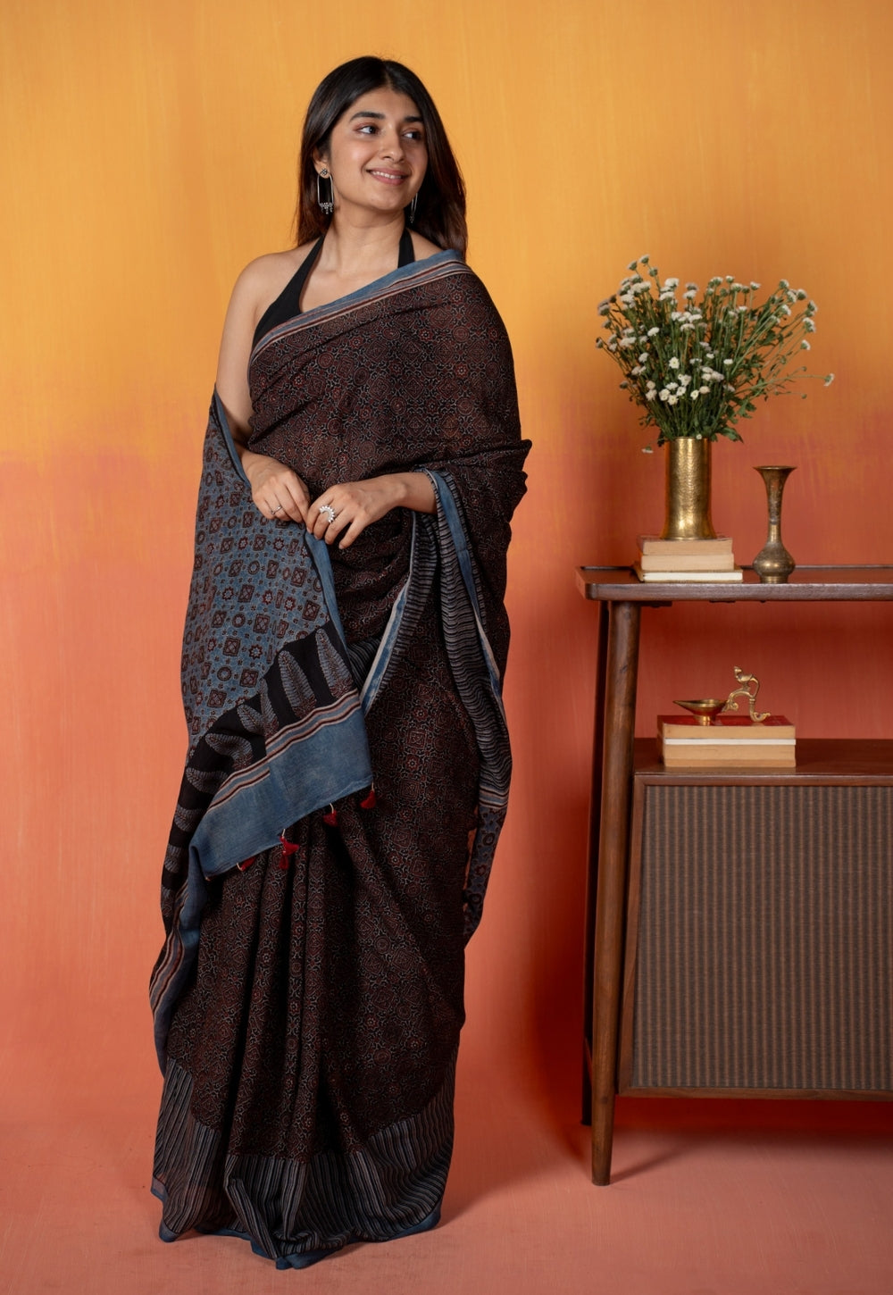 Black Geometric Jaal Ajrakh Hand Block Print Mul Saree