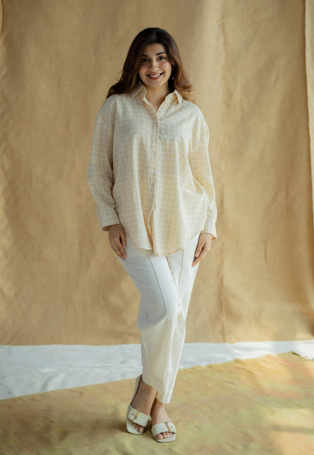 Ruhi Cream Hand Block Print Slub Cotton Anti-Fit Shirt
