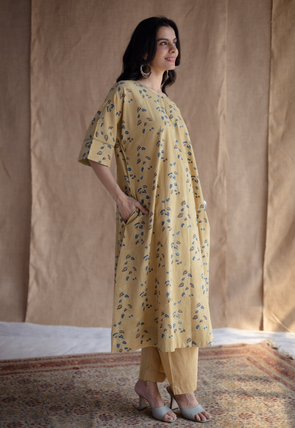 Anu Yellow Ajrakh Cotton A Line Kurta Set (Set of 2)