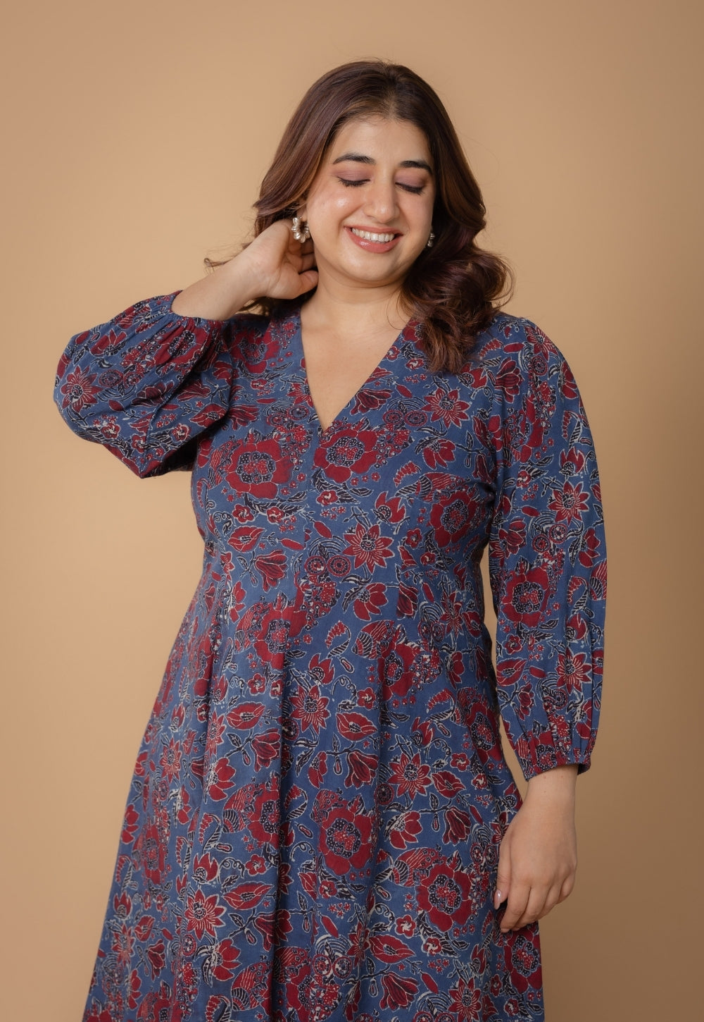 Eyza Blue Dabu Slub Cotton A Line Dress