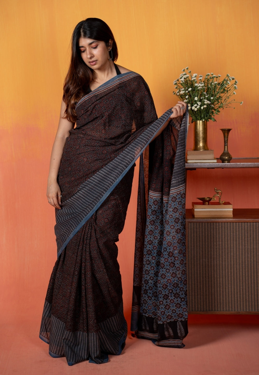 Black Geometric Jaal Ajrakh Hand Block Print Mul Saree