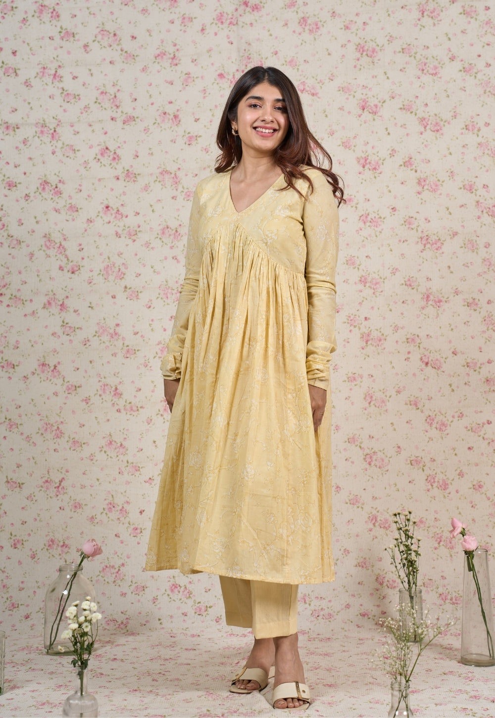 Amy Yellow Sanganeri Mul Cotton A Line Kurta Set (Set of 2)
