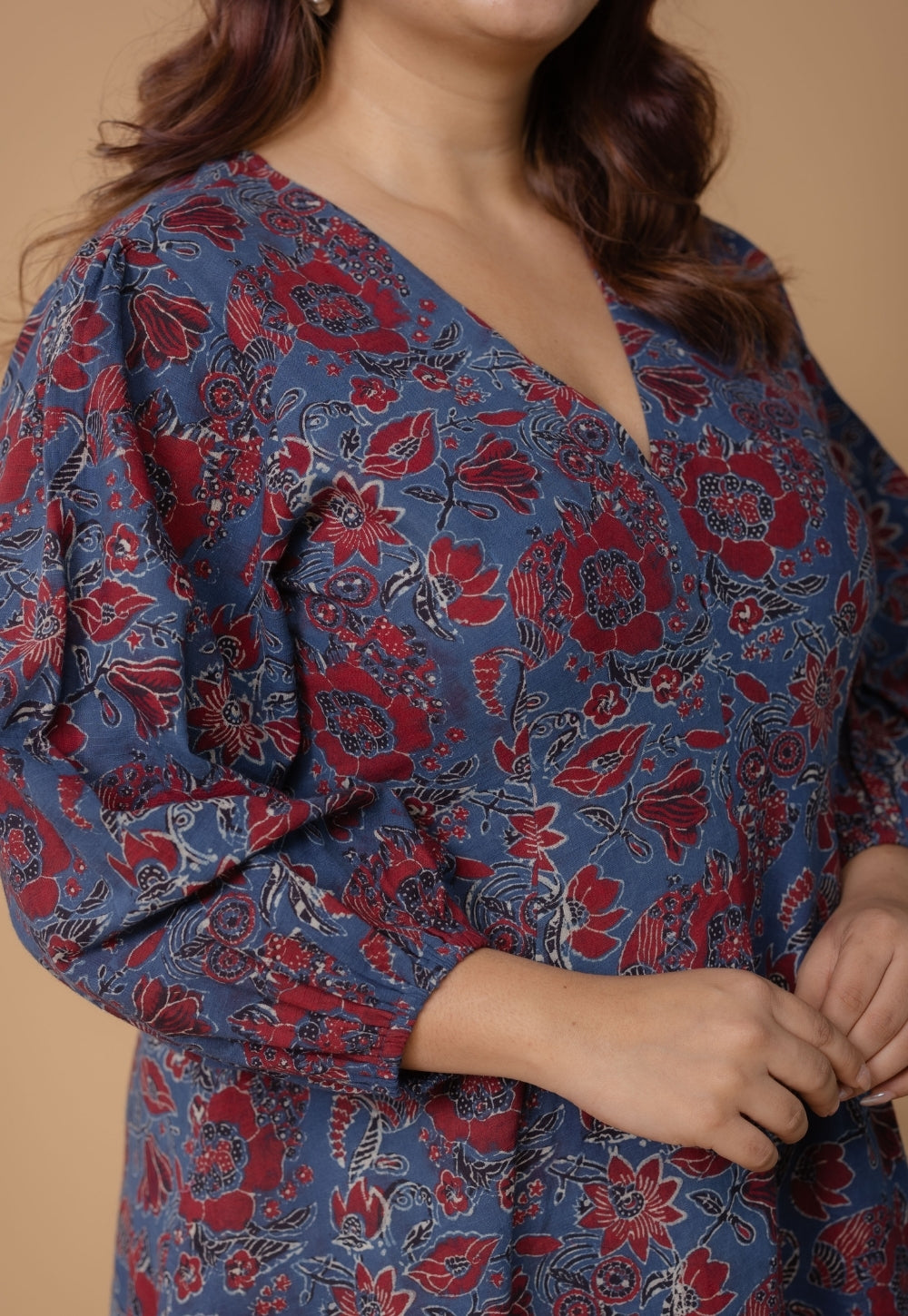 Eyza Blue Dabu Slub Cotton A Line Dress