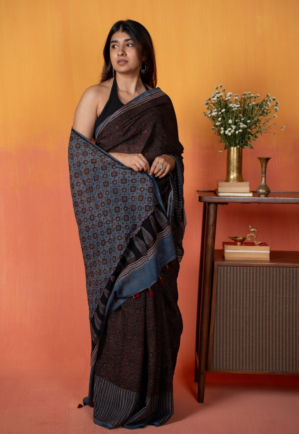 Black Geometric Jaal Ajrakh Hand Block Print Mul Saree