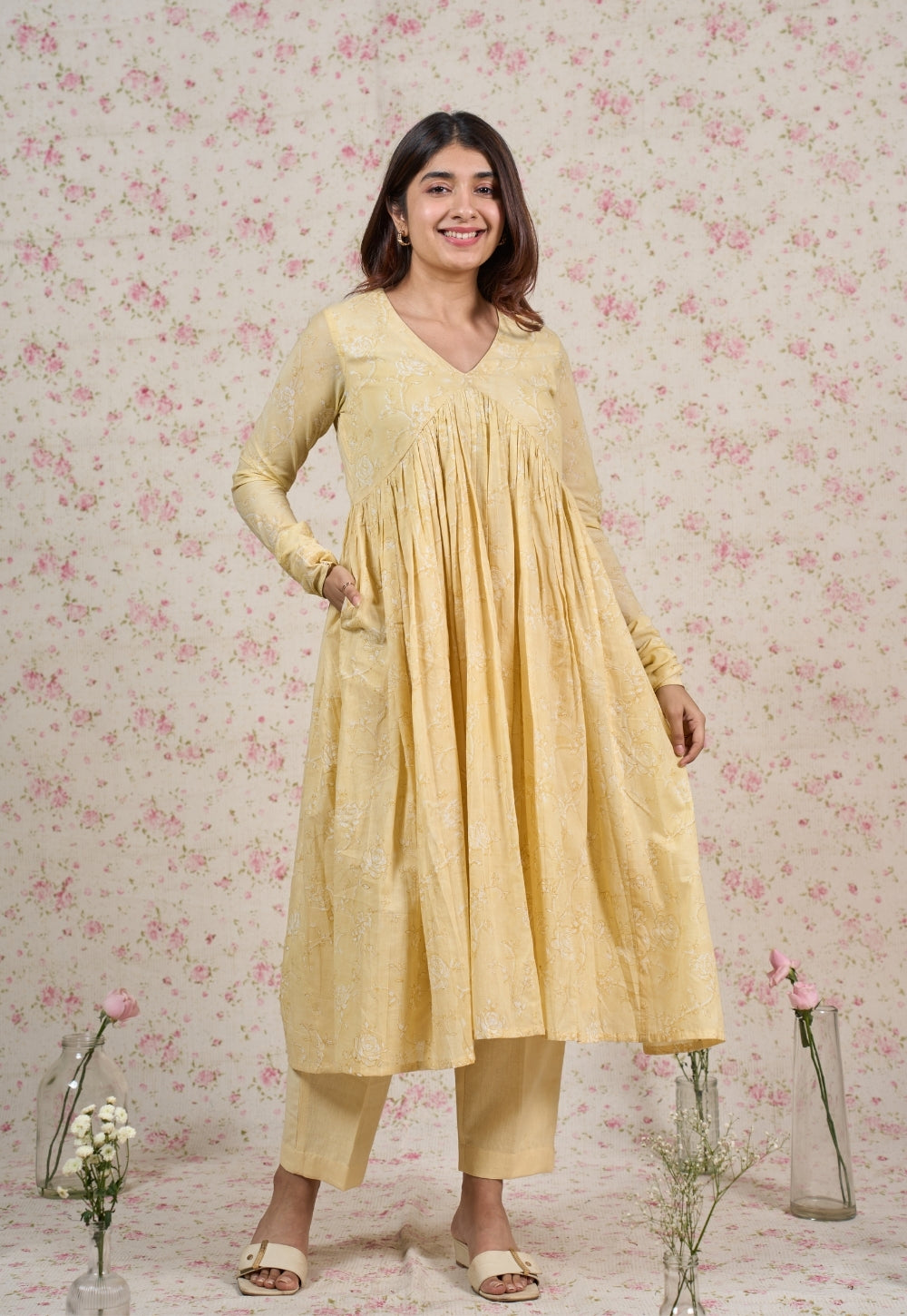 Amy Yellow Sanganeri Mul Cotton A Line Suit Set (Set of 3)
