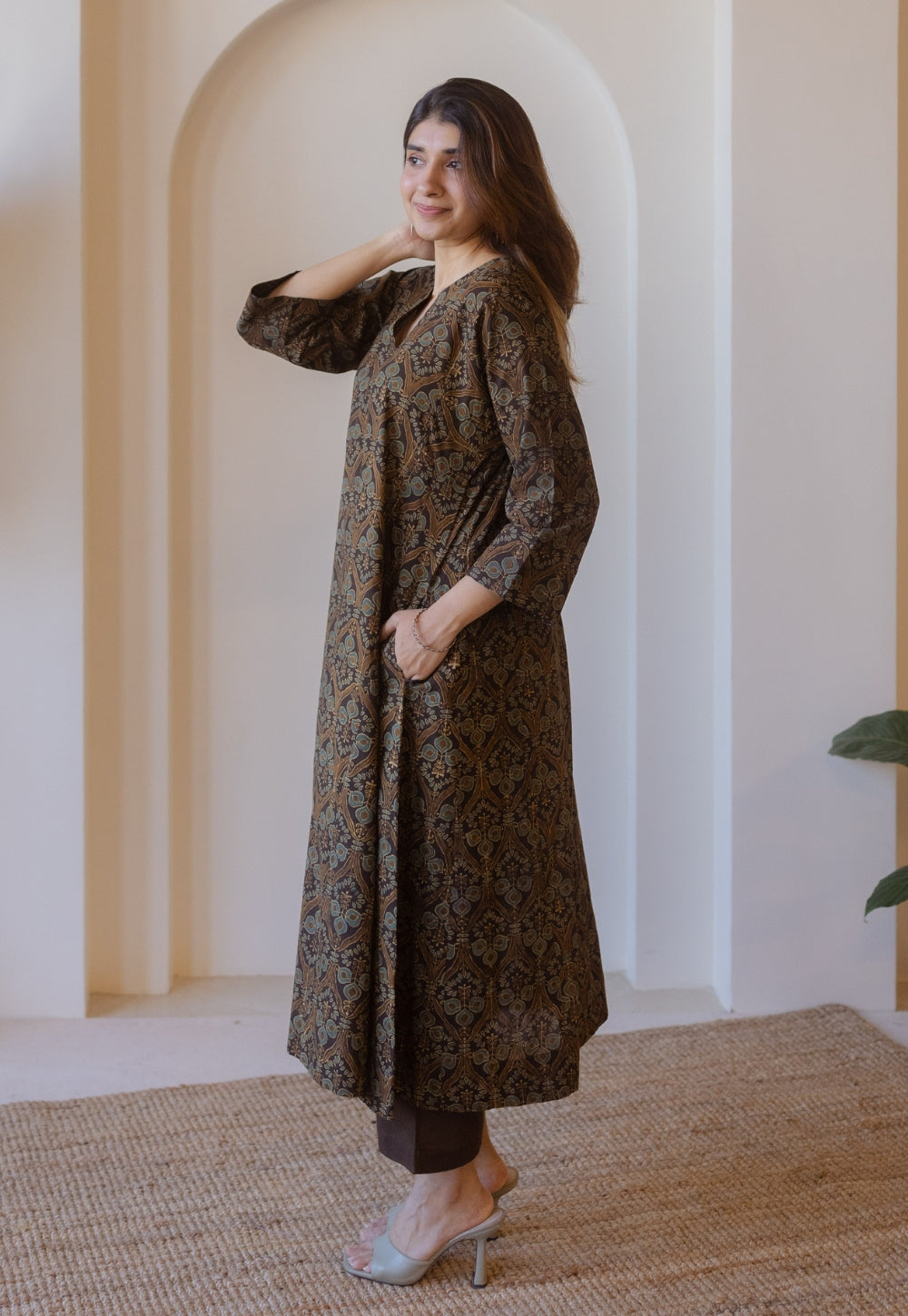 Nyra Brown Ajrakh Cotton Jhabbha Kali Kurta