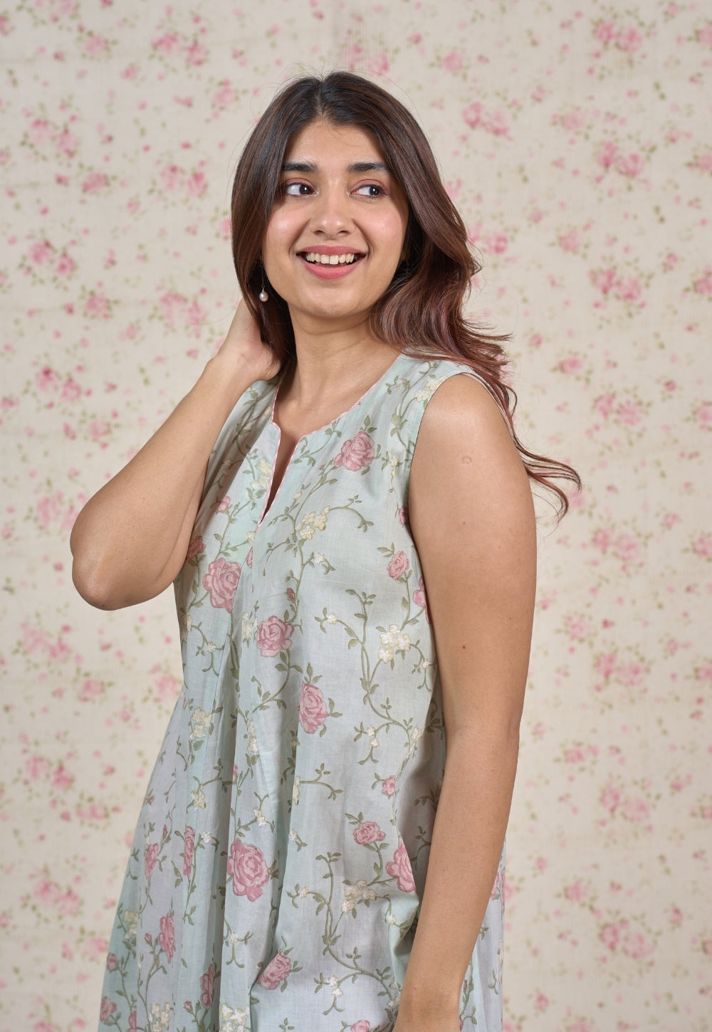 Flora Blue Sanganeri Mul Cotton A Line Kurta