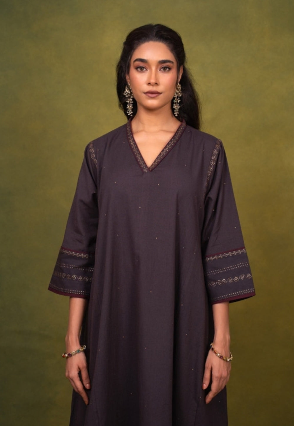 Zohra Aubergine Rogan Handblock Printed Cotton Jhabbha Kali Kurta Suit Set (Set of 3)
