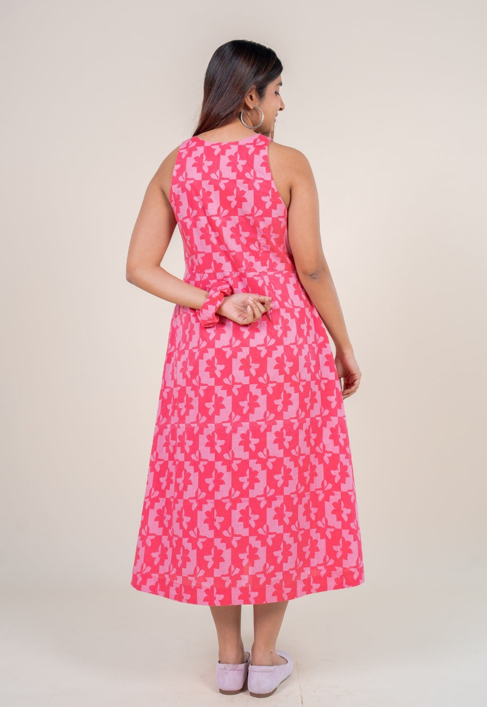 Riva Bright Pink Printed Cotton A Line Dress
