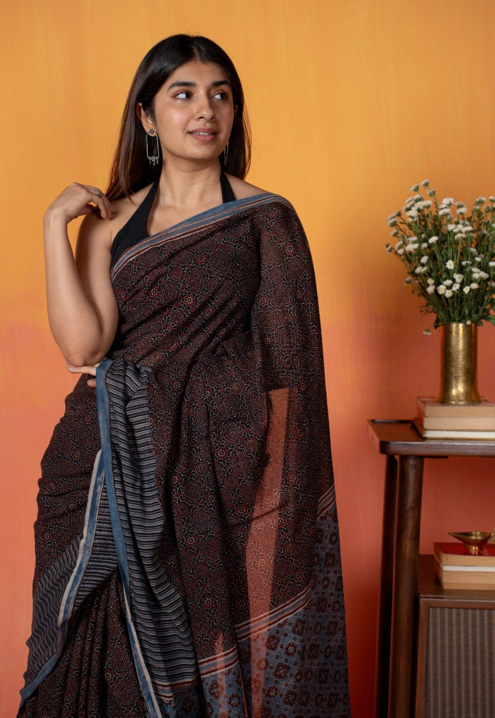 Black Geometric Jaal Ajrakh Hand Block Print Mul Saree