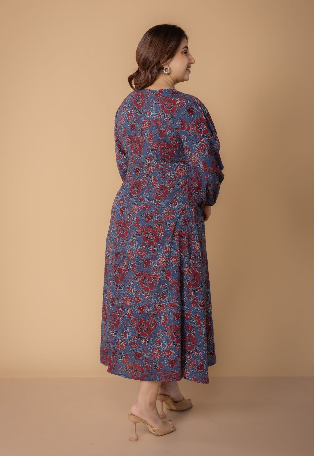 Eyza Blue Dabu Slub Cotton A Line Dress