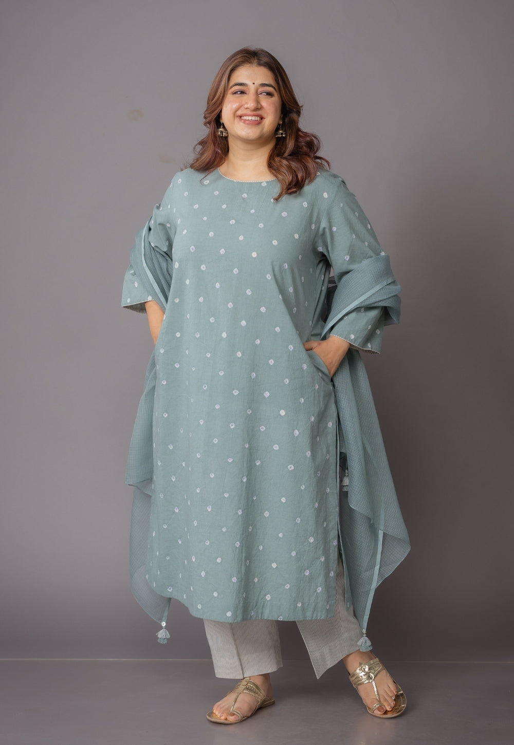 Harsha Green Bandhani Cotton Straight Kurta with Dupatta