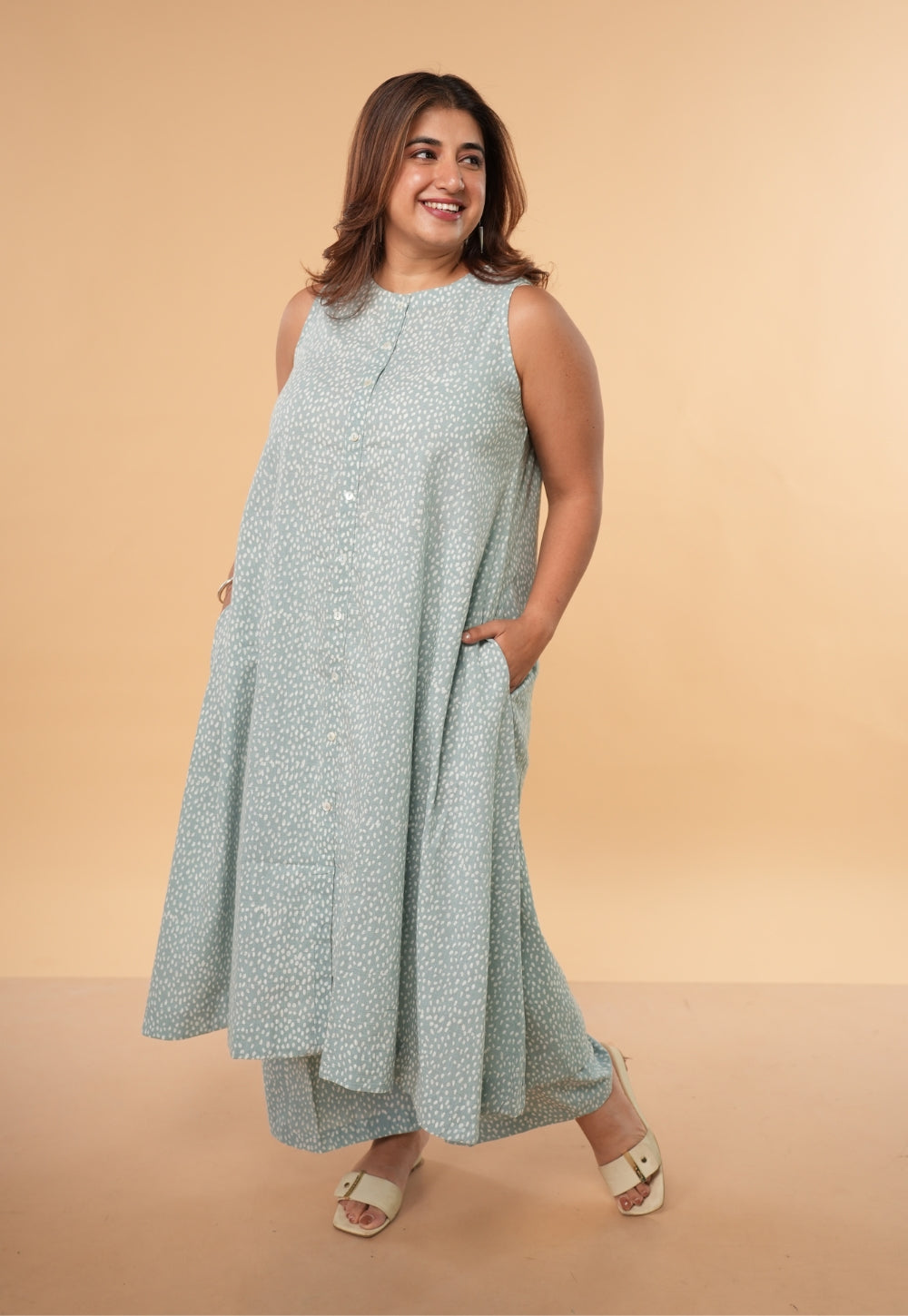 Heena Blue Hand Block Print Slub Cotton A Line Kurta