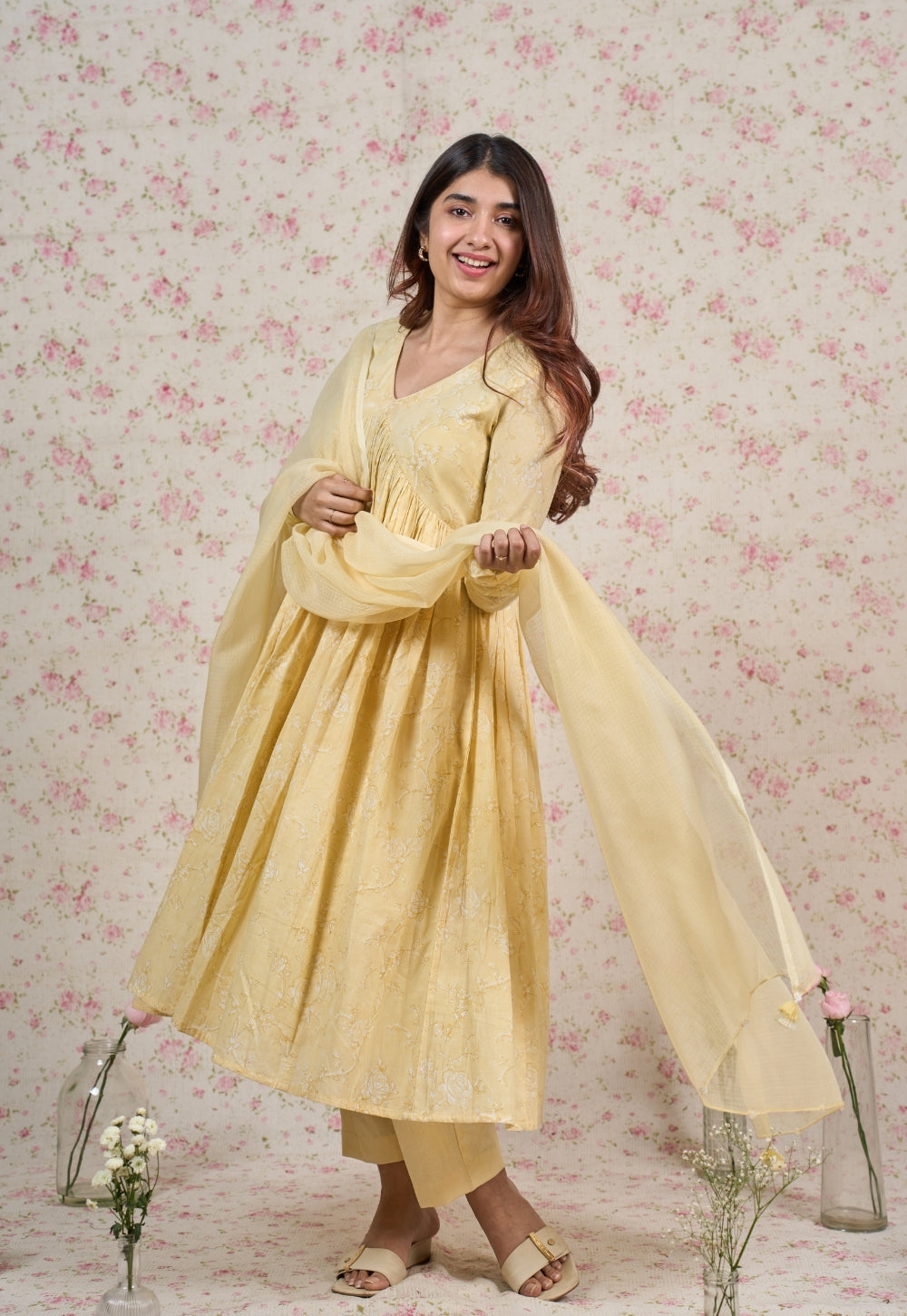 Amy Yellow Sanganeri Mul Cotton A Line Suit Set (Set of 3)