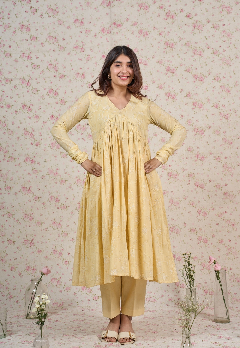 Amy Yellow Sanganeri Mul Cotton A Line Suit Set (Set of 3)