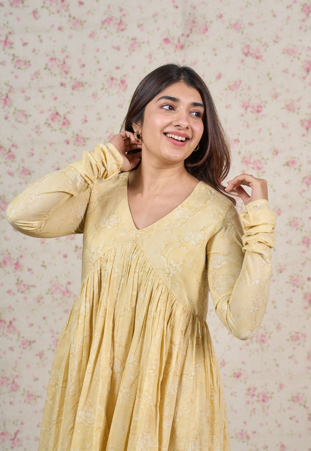 Amy Yellow Sanganeri Mul Cotton A Line Suit Set (Set of 3)