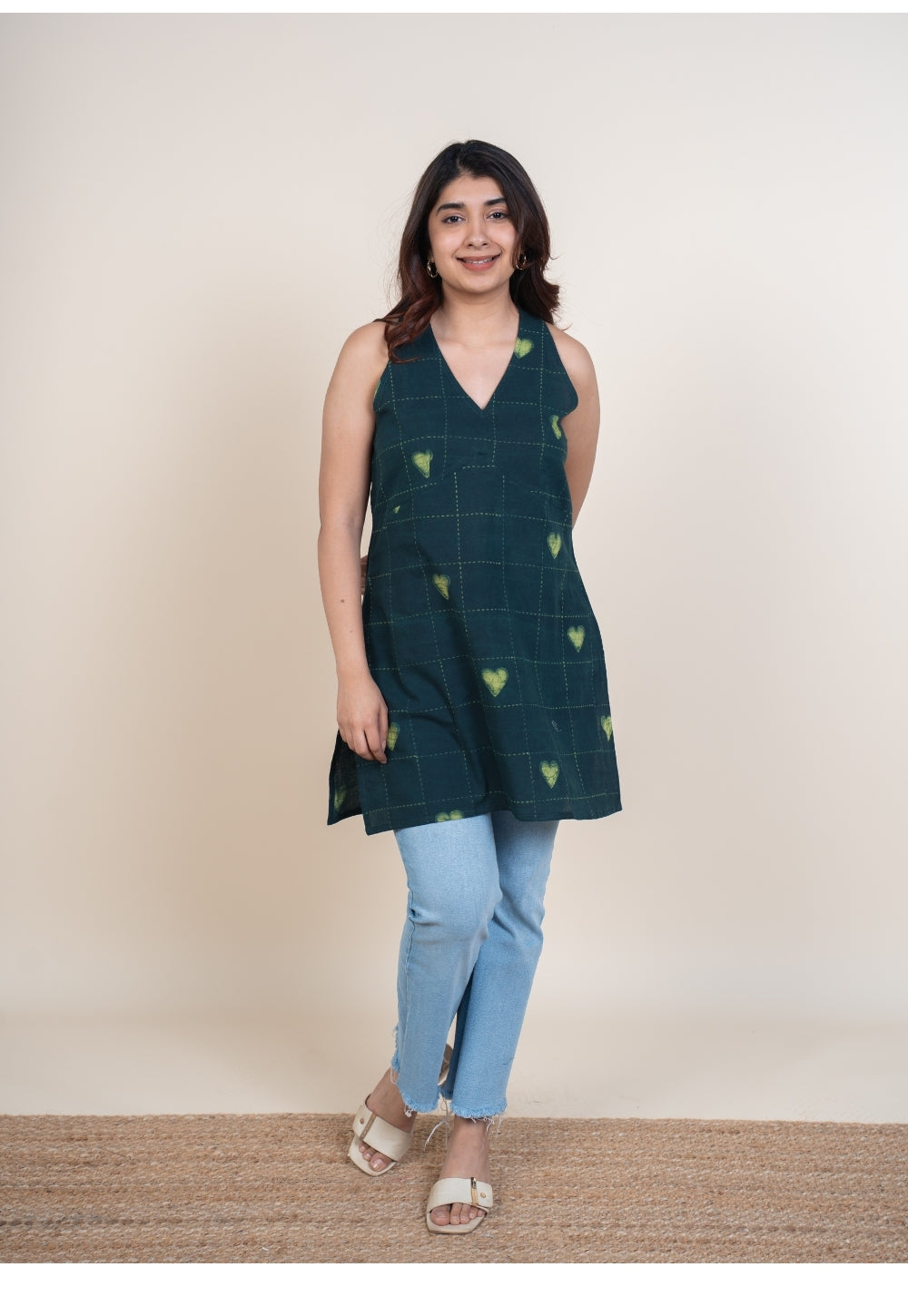 Sivya Green Dabu Cotton Straight Short Top