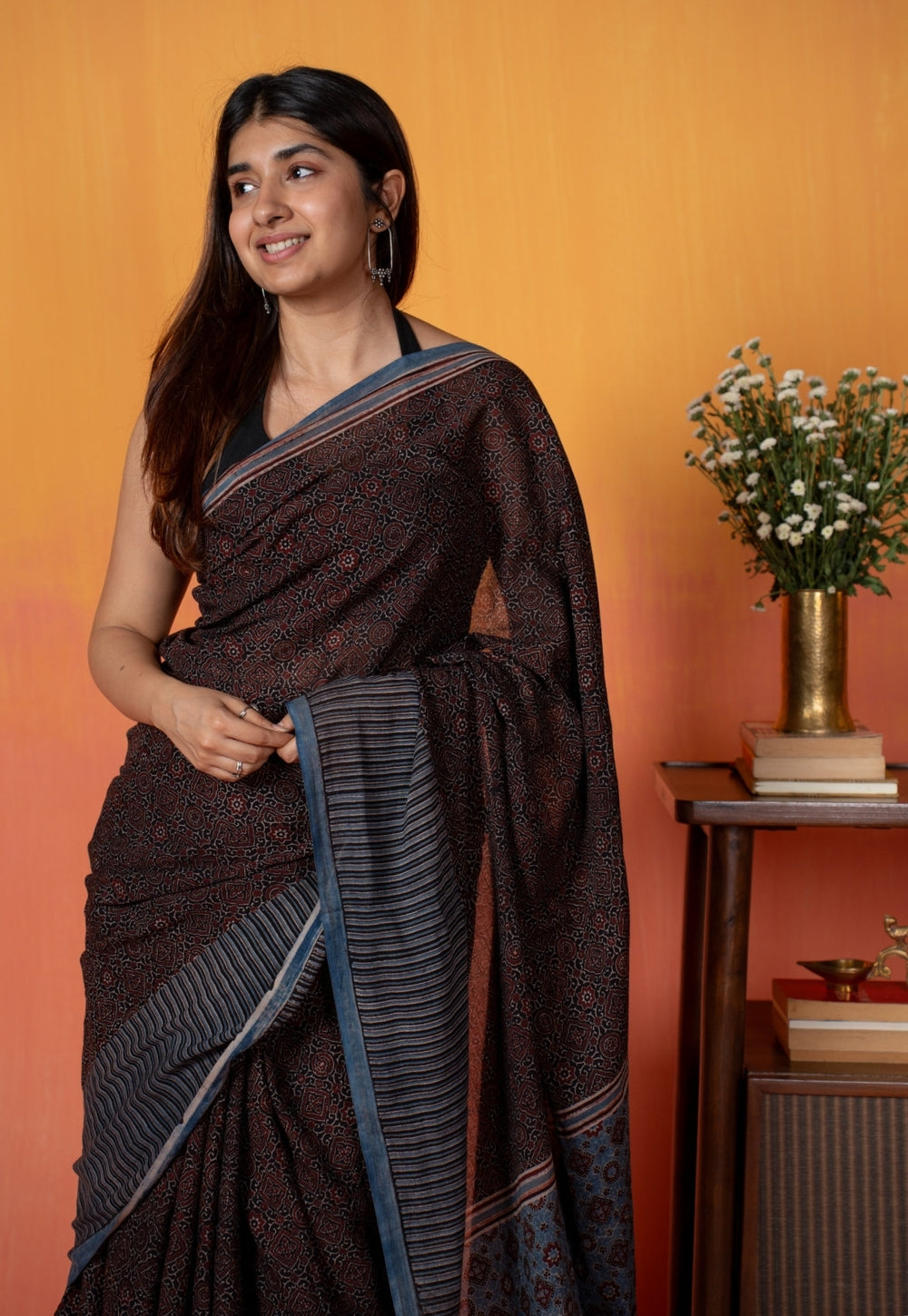 Black Geometric Jaal Ajrakh Hand Block Print Mul Saree