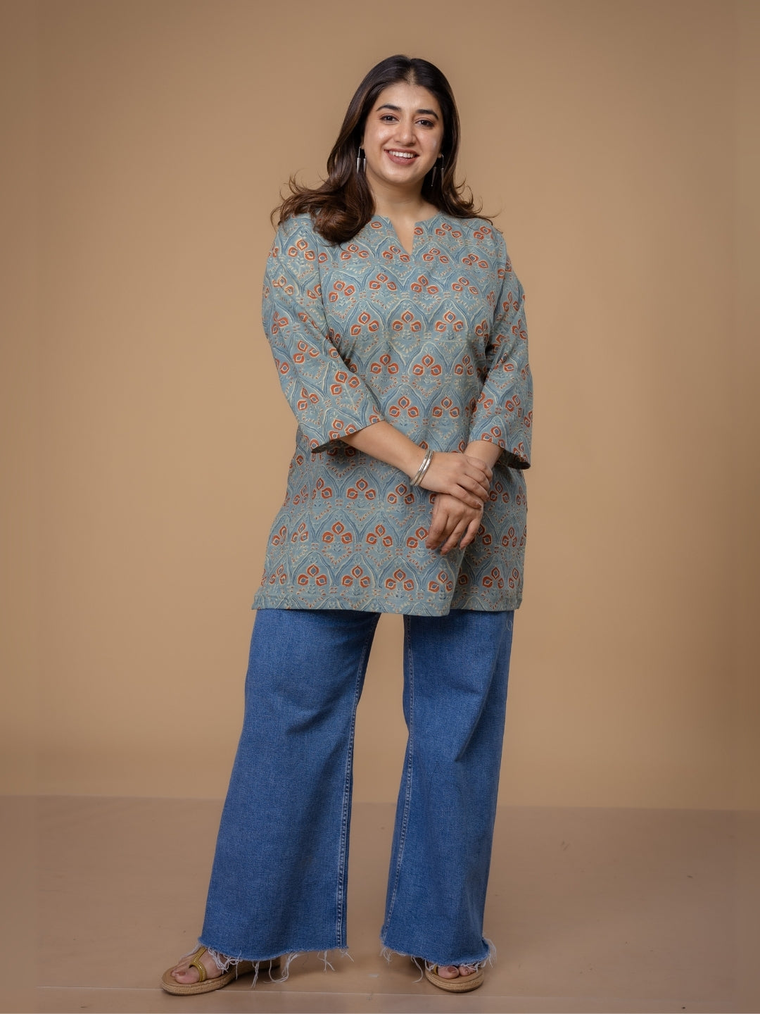 Mishel Blue Ajrakh Cotton Straight Short Top