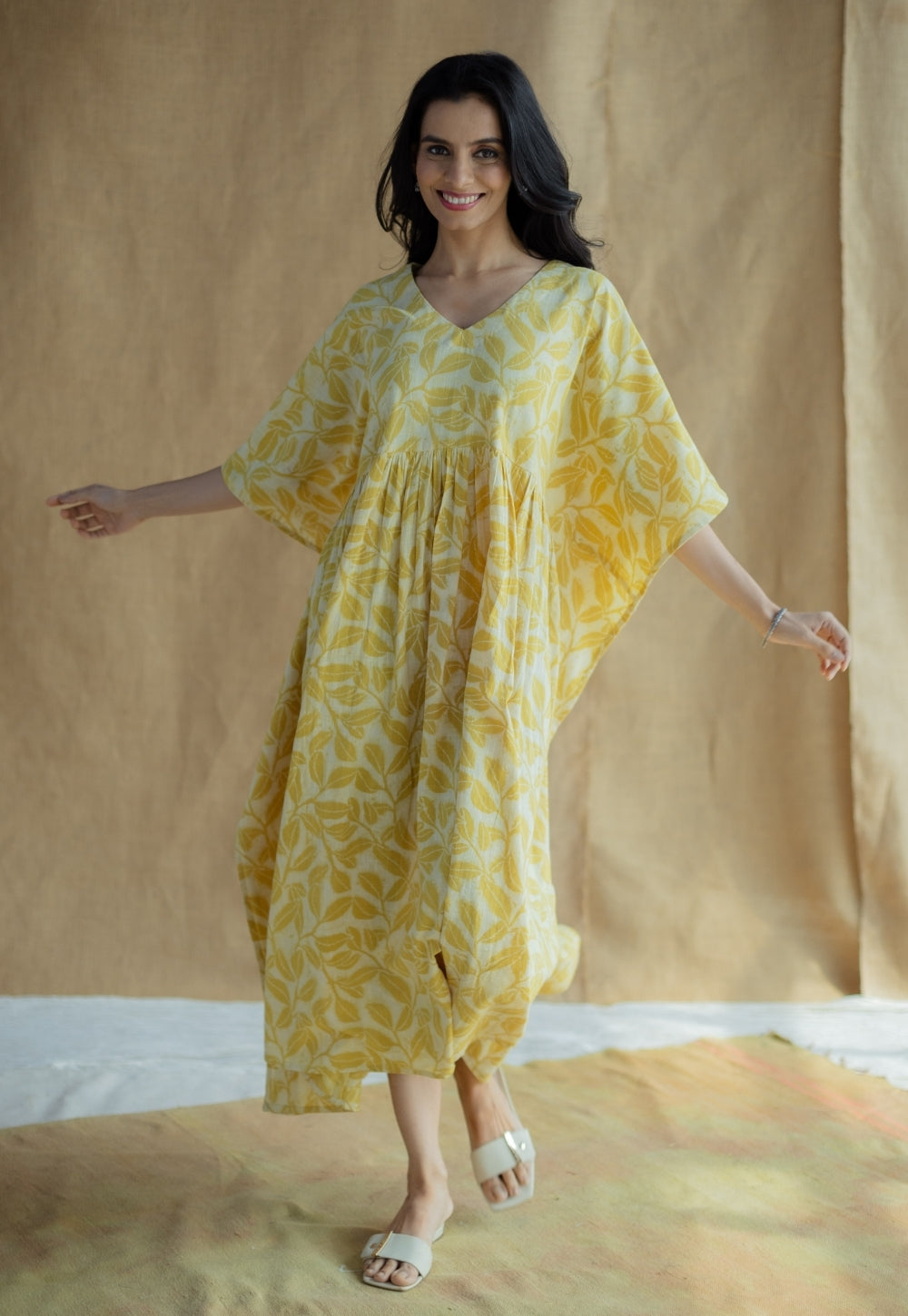 Ifrah Mustard Hand Block Print Slub Cotton Anti-Fit Kaftan