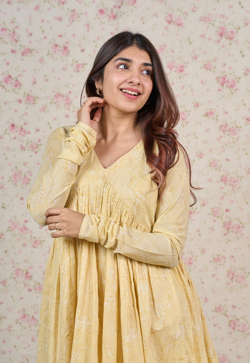 Amy Yellow Sanganeri Mul Cotton A Line Suit Set (Set of 3)