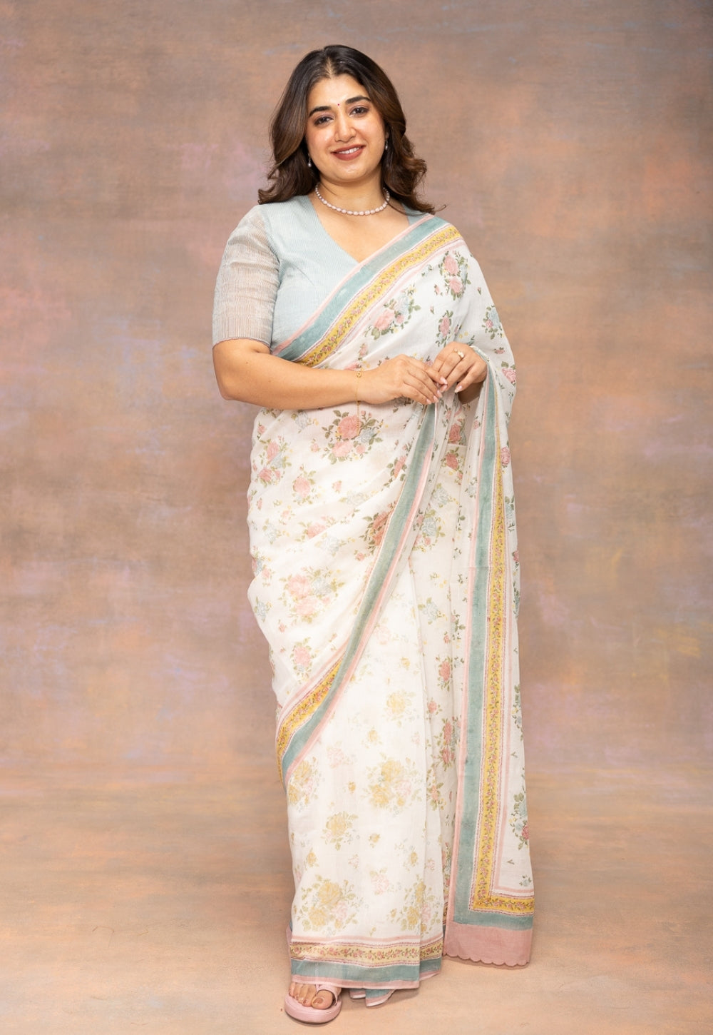 White Sanganeri Hand Block Print Chanderi Silk Saree