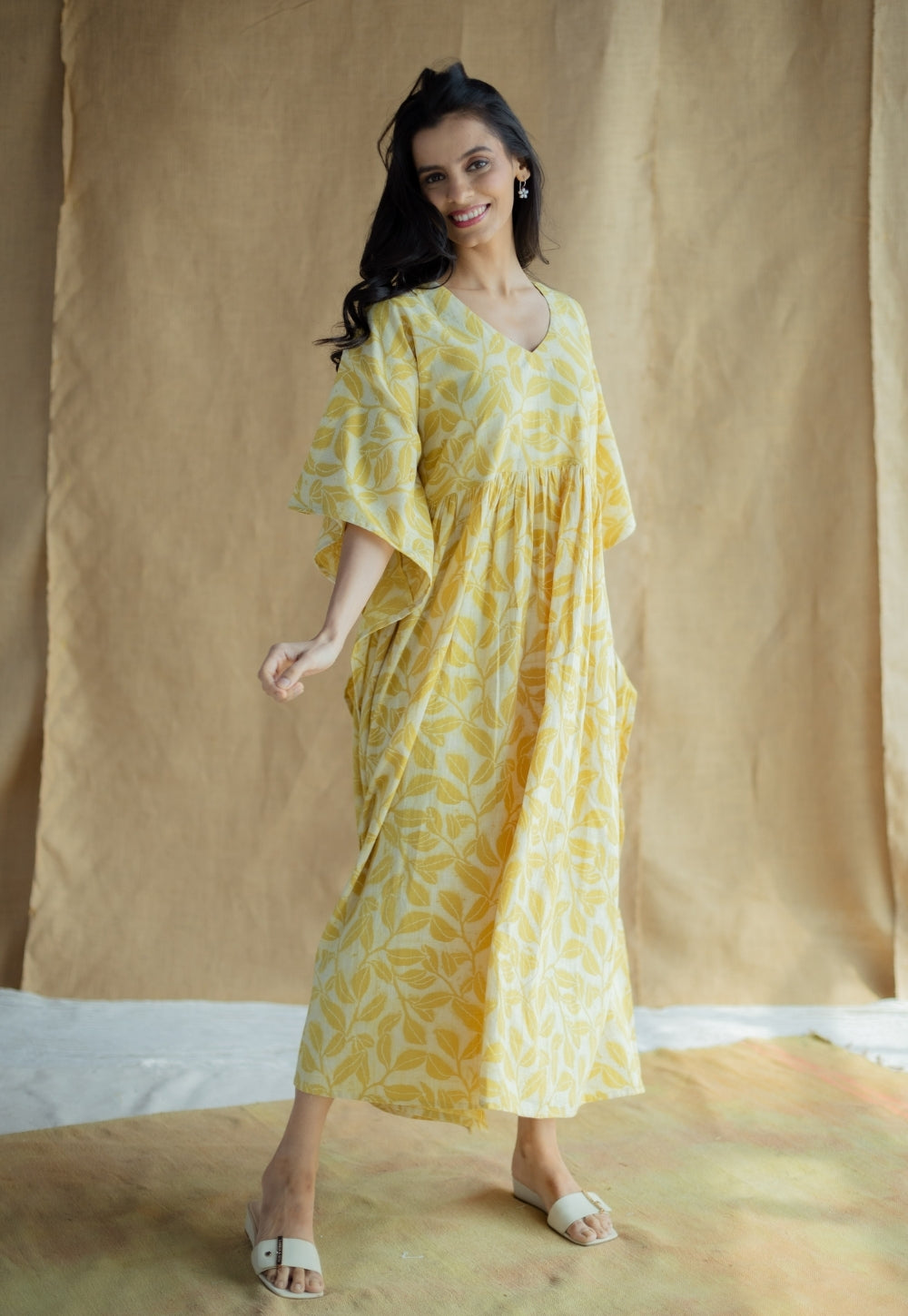 Ifrah Mustard Hand Block Print Slub Cotton Anti-Fit Kaftan
