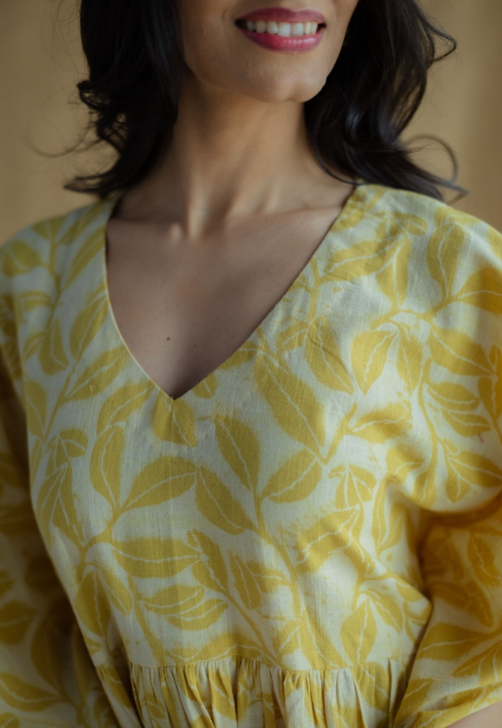 Ifrah Mustard Hand Block Print Slub Cotton Anti-Fit Kaftan