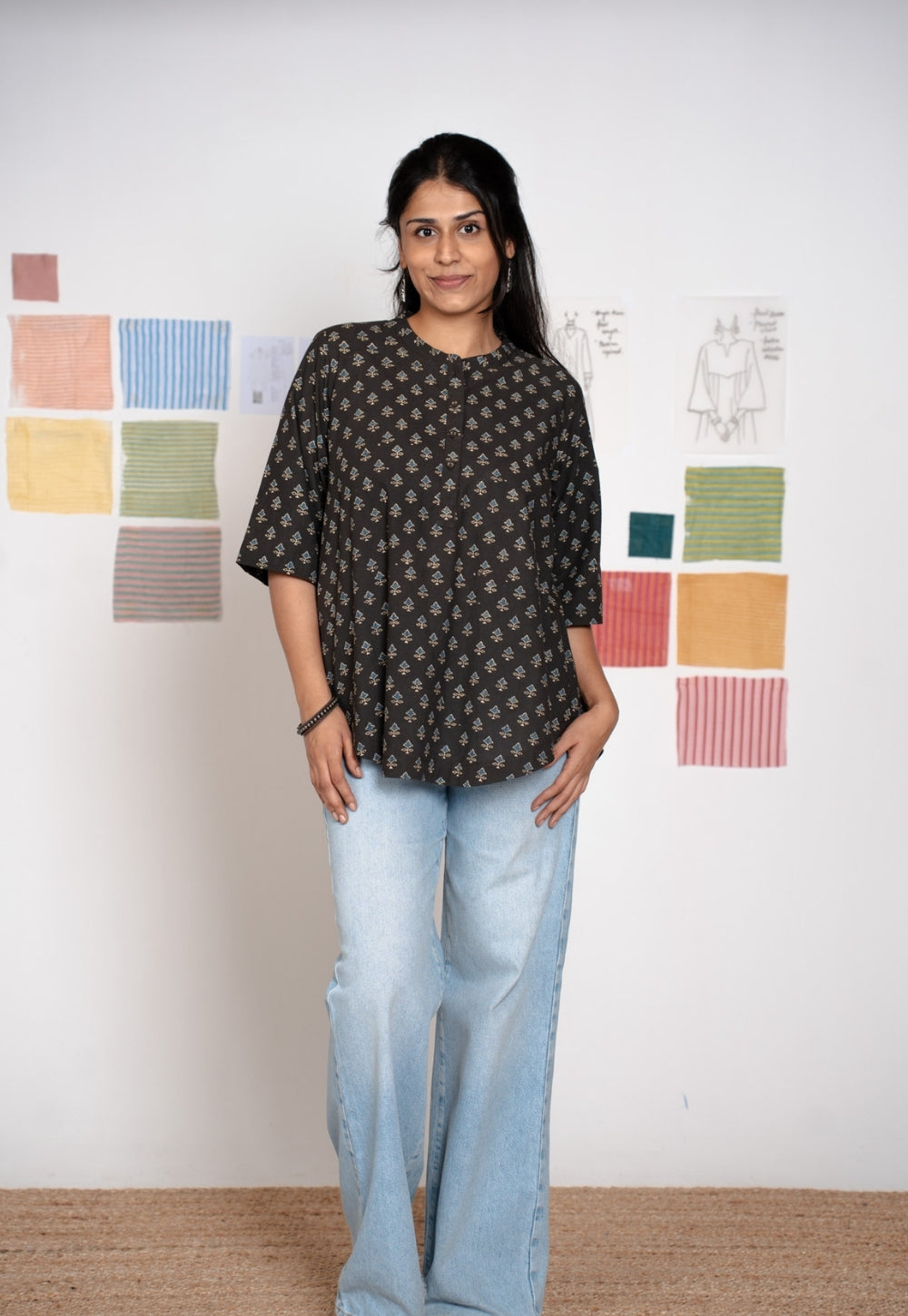 Ruby Black Ajrakh Cotton A Line Short Top