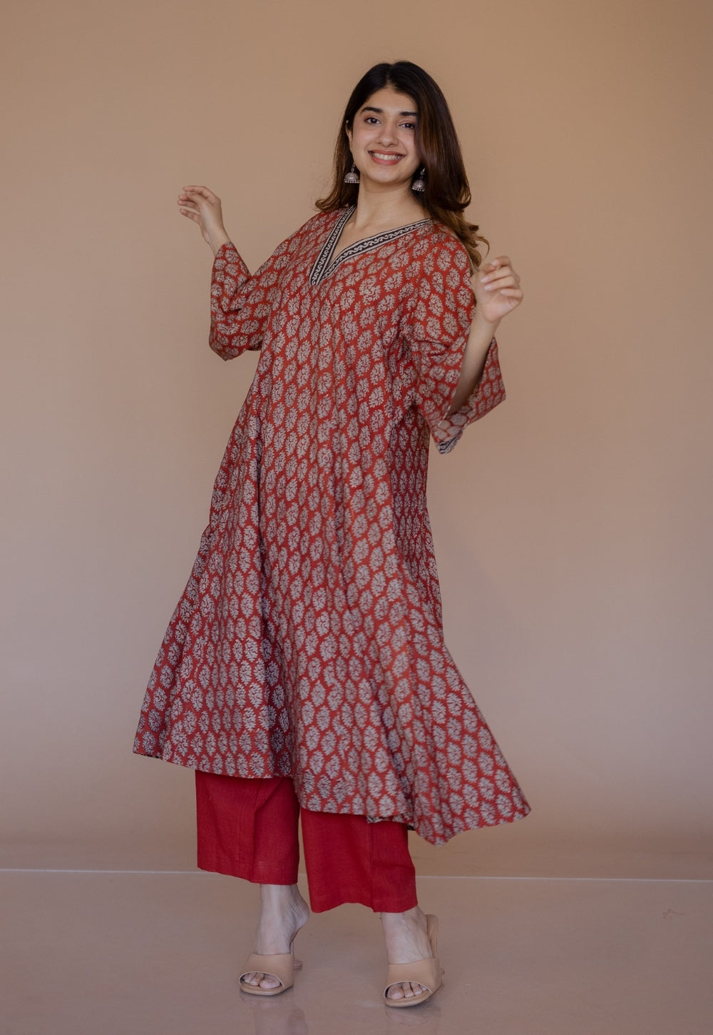 Sarah Red Bagru Cotton Kali Suit Set (Set of 3)
