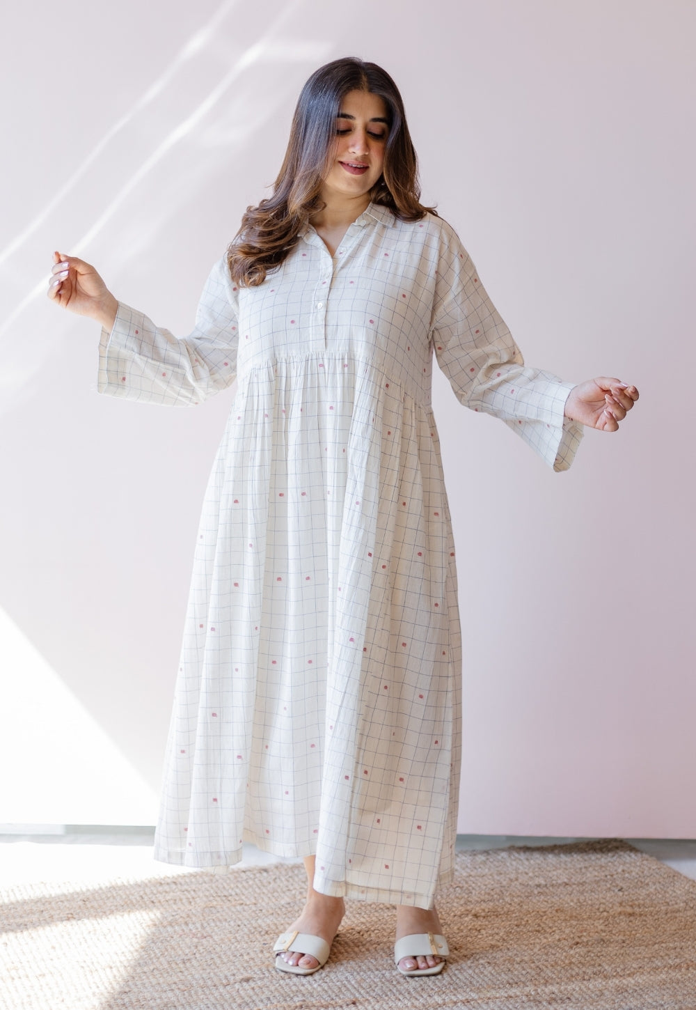 Maira Off White Jamdani Handloom Cotton A Line Dress