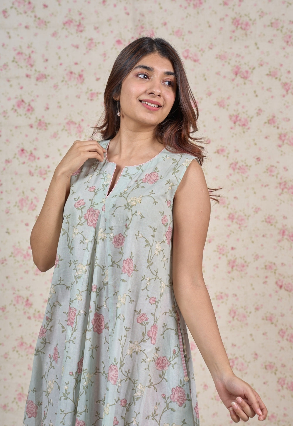 Flora Blue Sanganeri Mul Cotton A Line Kurta
