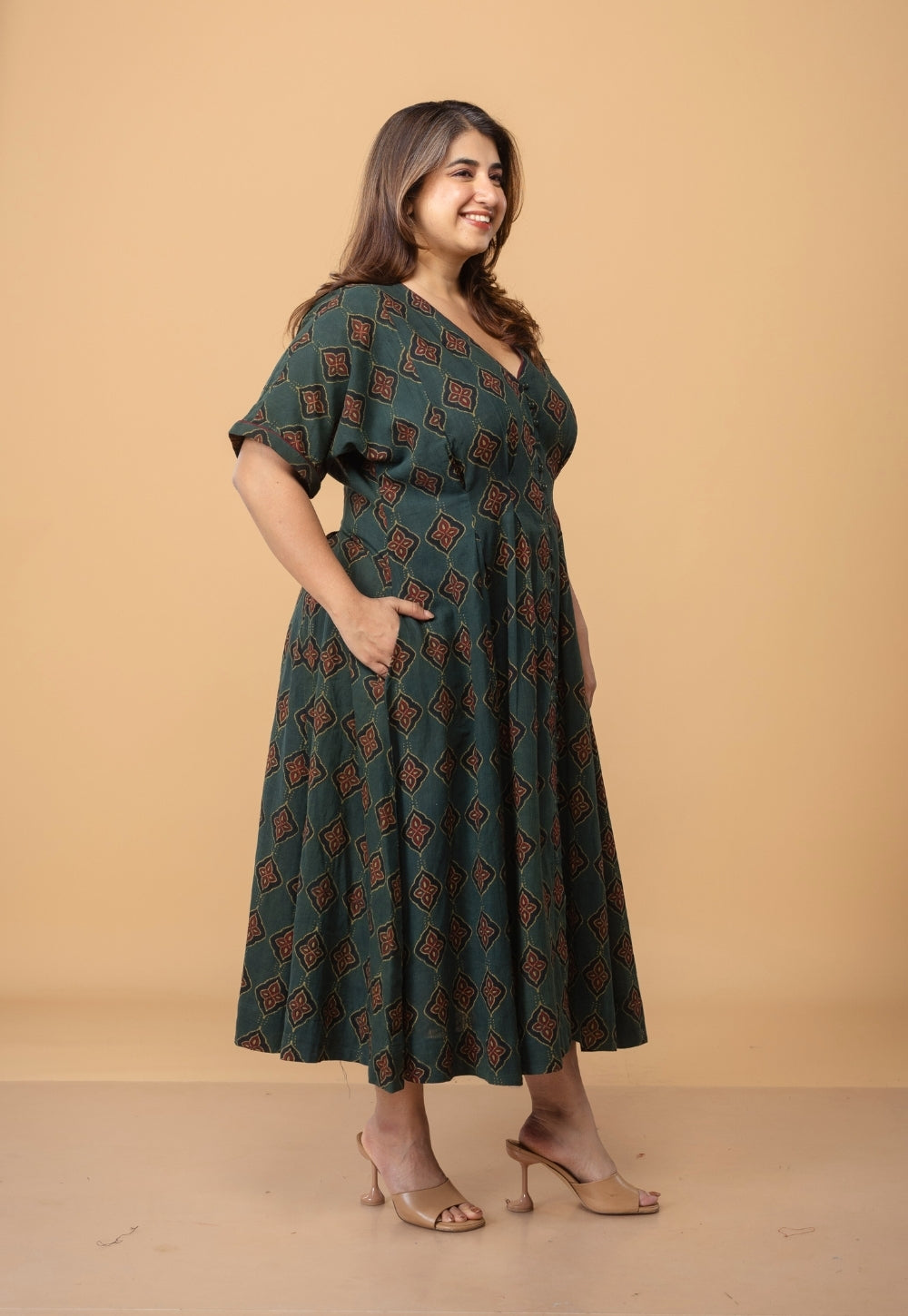 Reema Green Dabu Slub Cotton A Line Dress