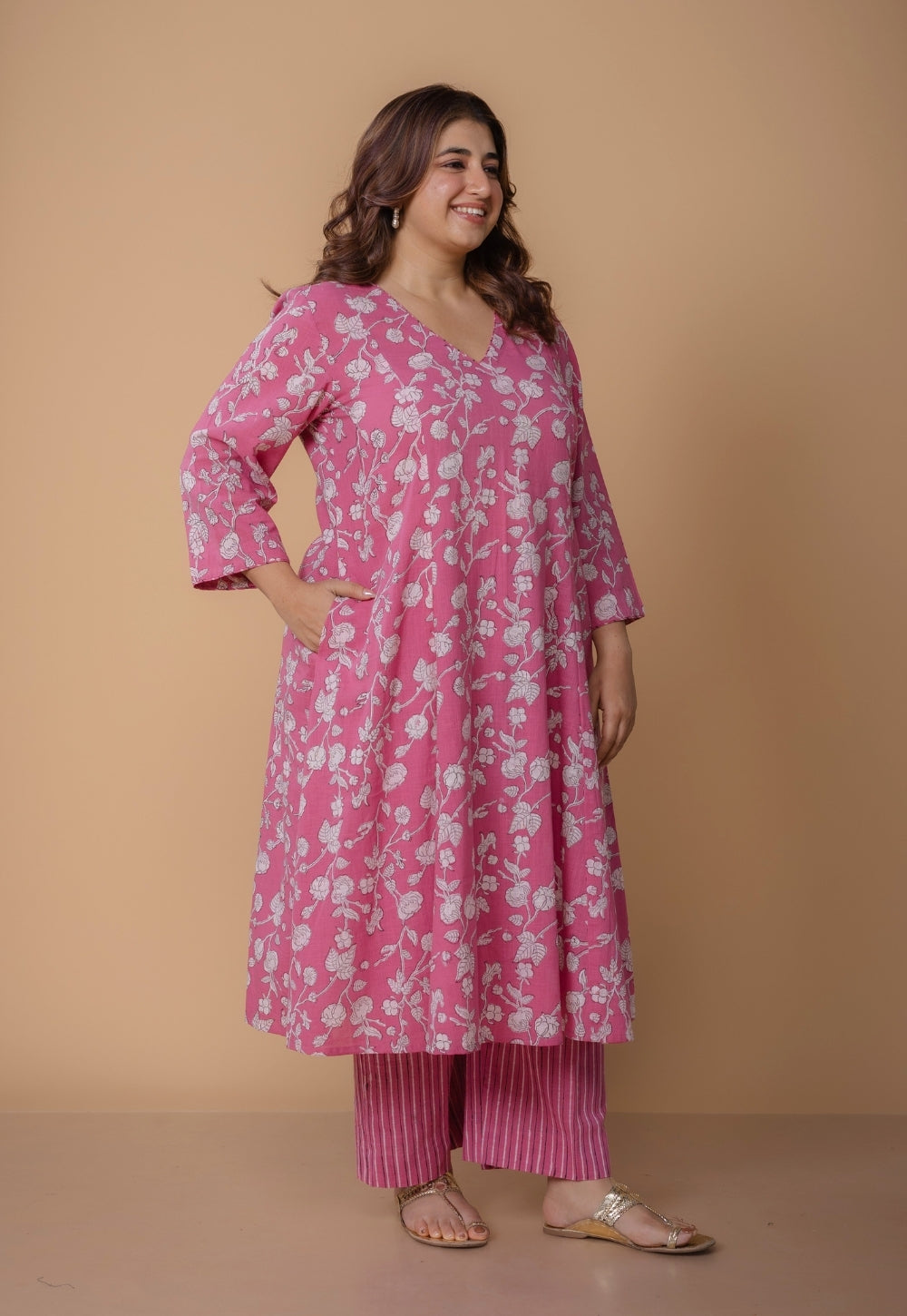 Karisma Pink Dabu Slub Cotton Kali Kurta