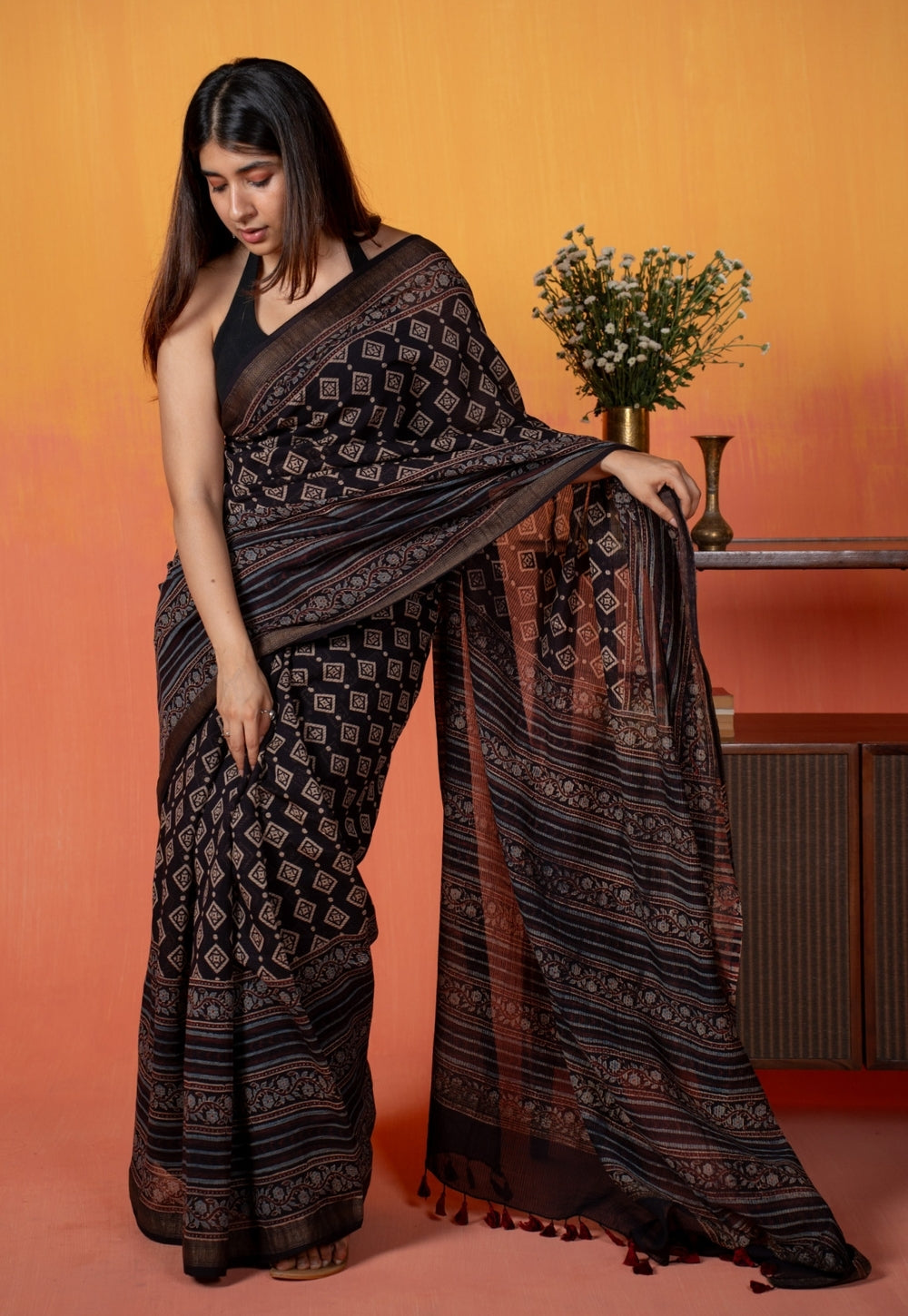 Black Aztec Ajrakh Hand Block Print Maheshwari Saree