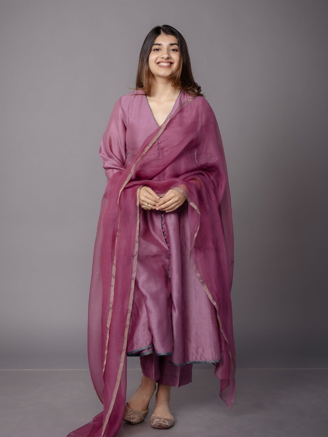 Deepa Purple Solid Chanderi Silk Kali Kurta with Hand Embroidery